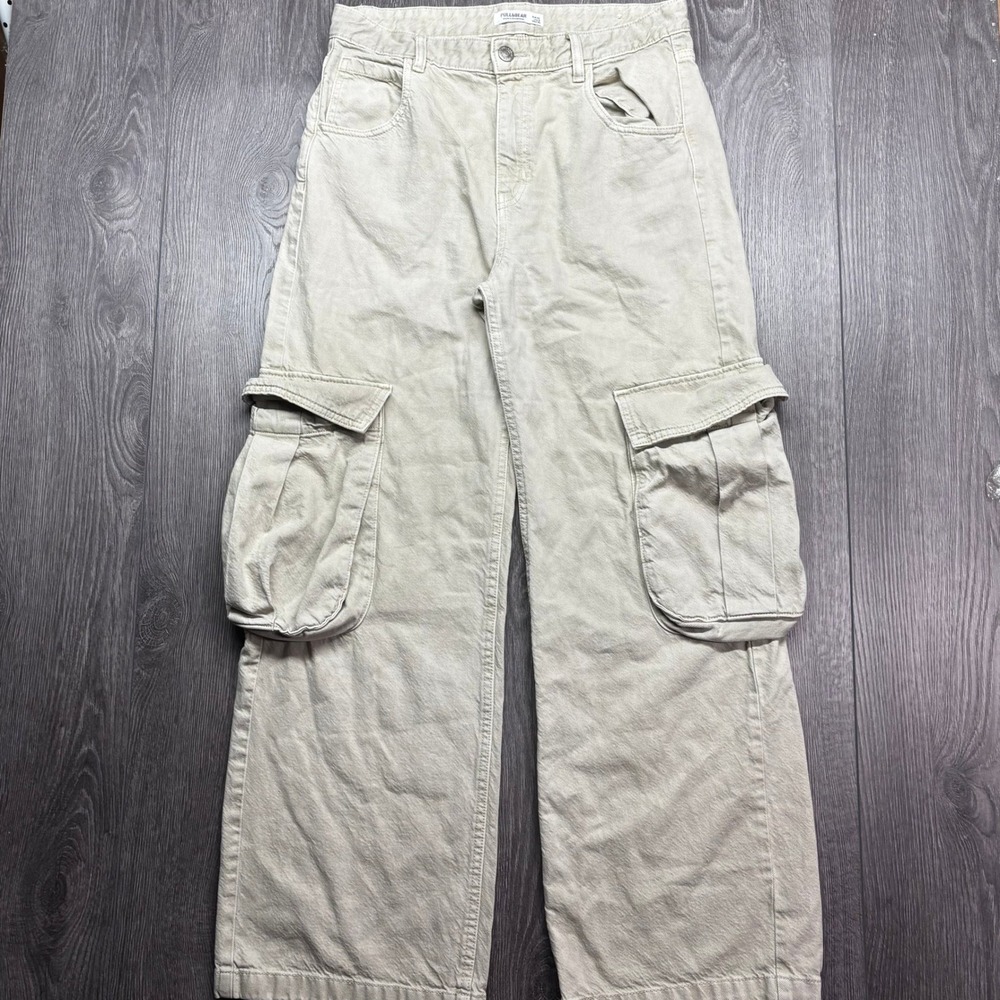 Pull&Bear Womens Beige Wide Leg Cargo Pants Size 8 Utility Streetwear Trousers